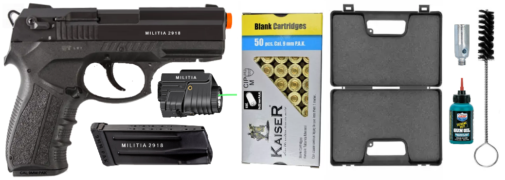 Militia 2918 Semi-Auto 9mm Blank Front Firing Non-Gun Pistol Prop Package