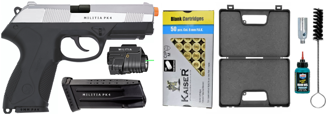 Militia 2918 Semi-Auto 9mm Blank Front Firing Non-Gun Pistol Prop Package
