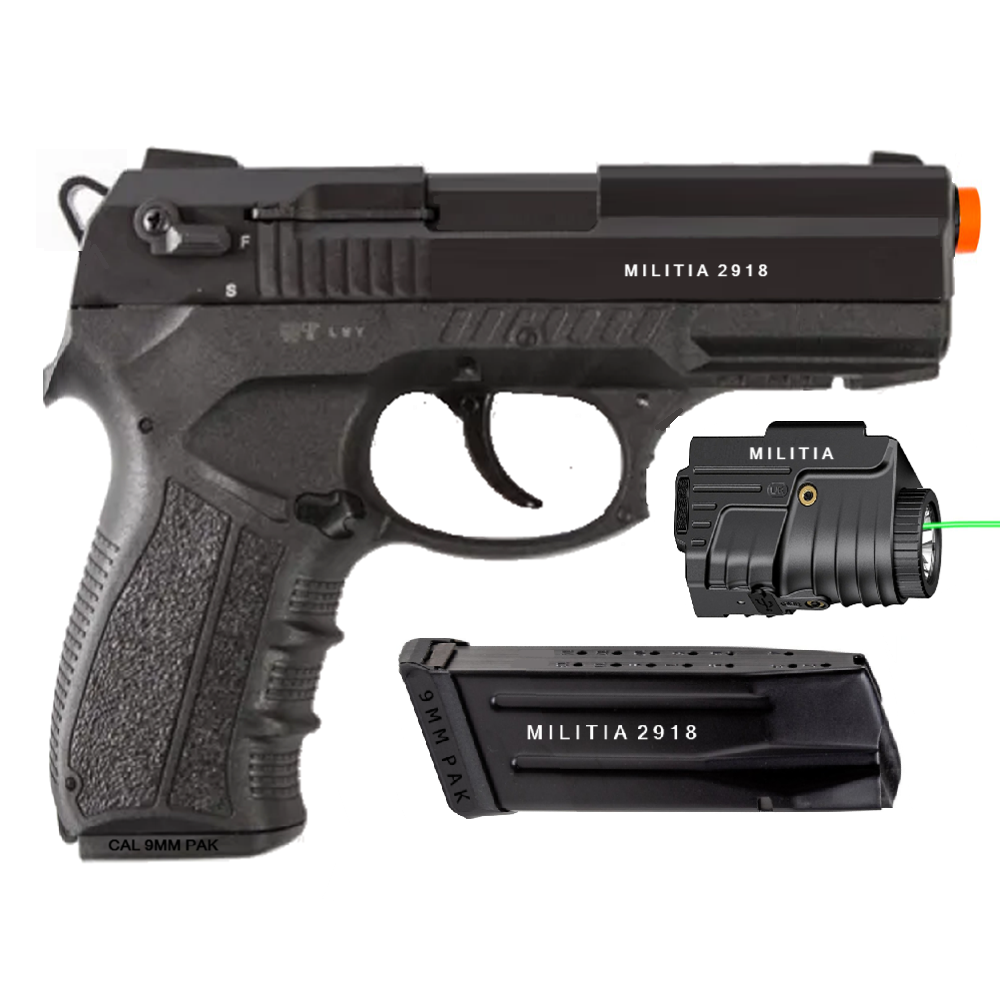 Militia 2918 Semi-Auto 9mm Blank Front Firing Non-Gun Pistol Prop