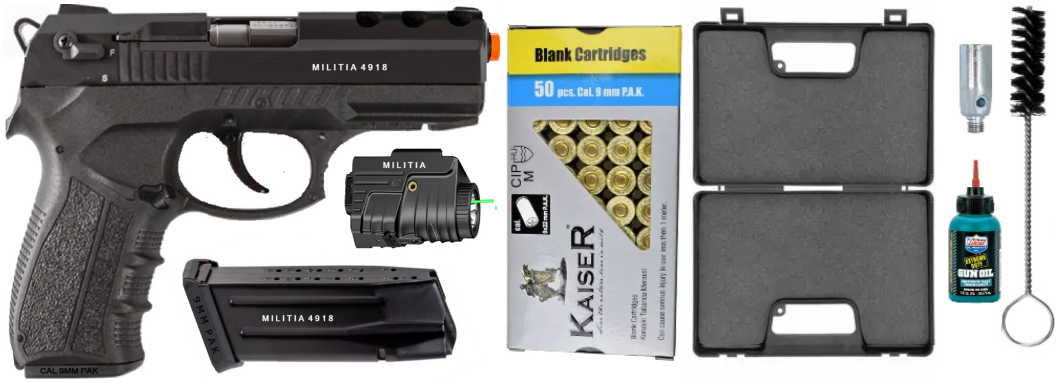 Militia 4918 Semi-Auto 9mm Blank Front Firing Non-Gun Pistol Prop Package Contents