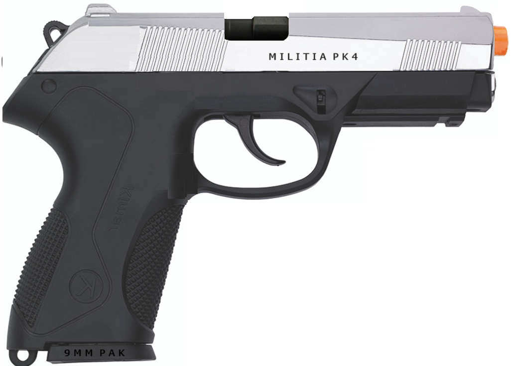 Militia PK4 Semi-Auto 9mm Blank Front Firing Non-Gun Prop Nickel Pistol